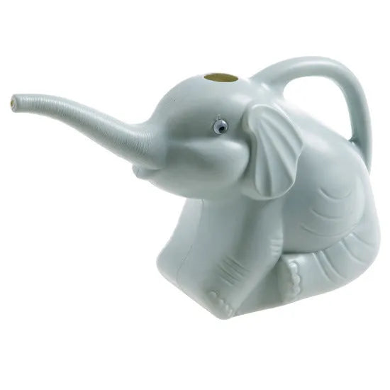 Pink children's watering can in shape of baby elephant with long nozzle and handle.