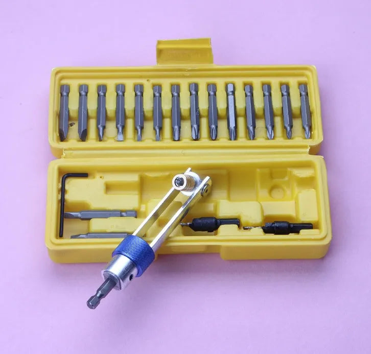 Half Time Drill driver attachment set with swivel head and assortment of Phillips and flathead bits.