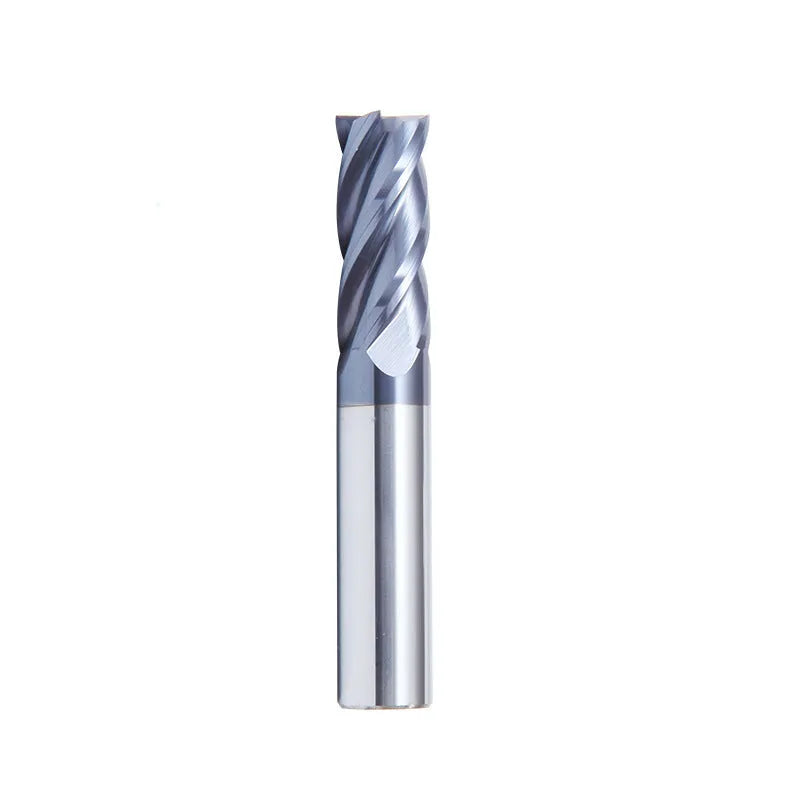 Carbide milling cutter with straight shank and spiral cutting edge on a dark background.