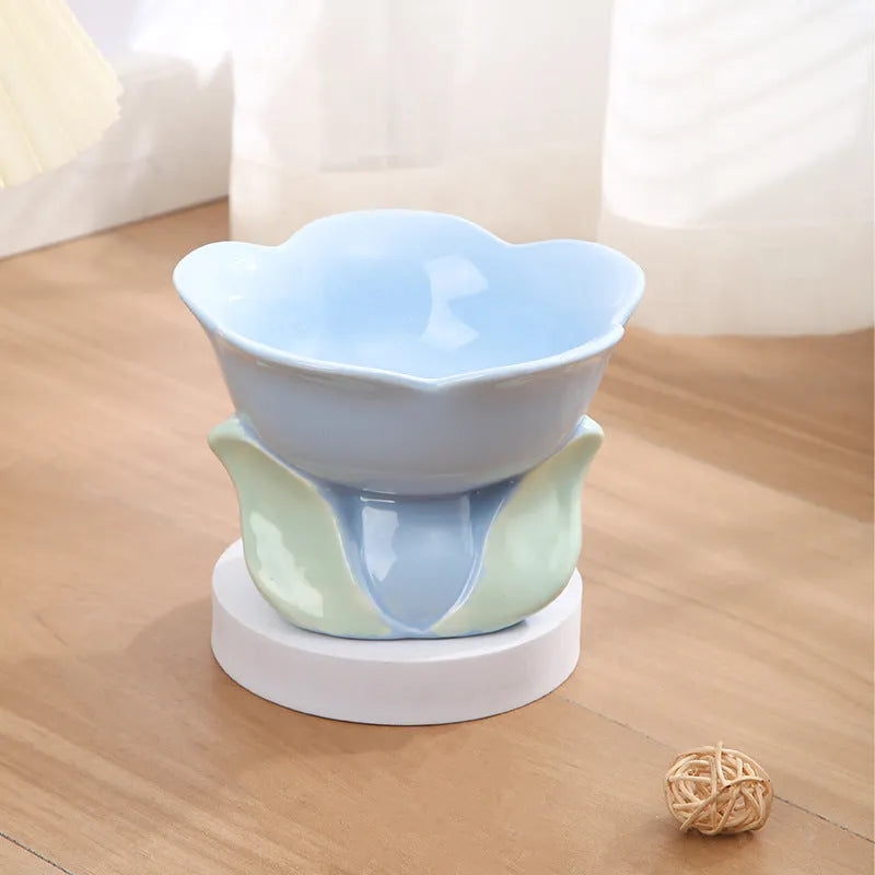 Blue floral patterned ceramic elevated pet bowl with non-slip base for cats and small dogs