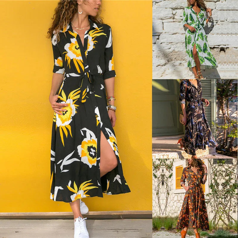 Women's vintage-inspired chiffon A-line dress with V-neck, high waist, and printed pattern.