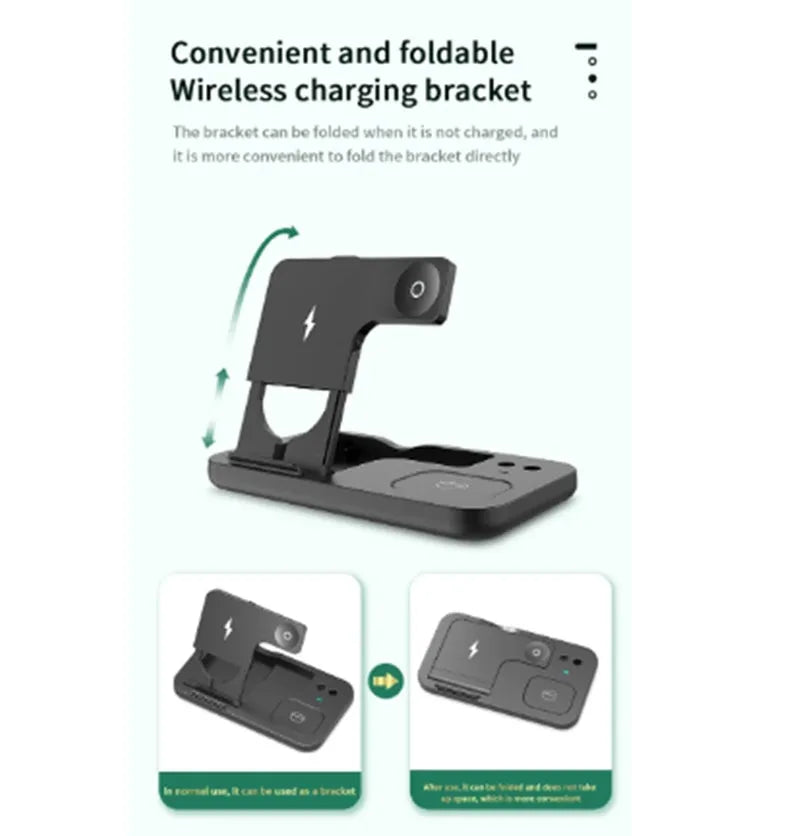 Black wireless charger pad with phone, watch, and headset placements