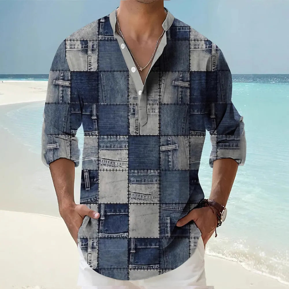 Men's long sleeve striped Hawaiian shirt in thin polyester fabric showing digital print pattern