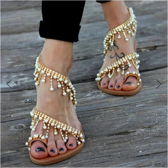 Women brown flat sandals with pearl bead decorative string and rubber sole