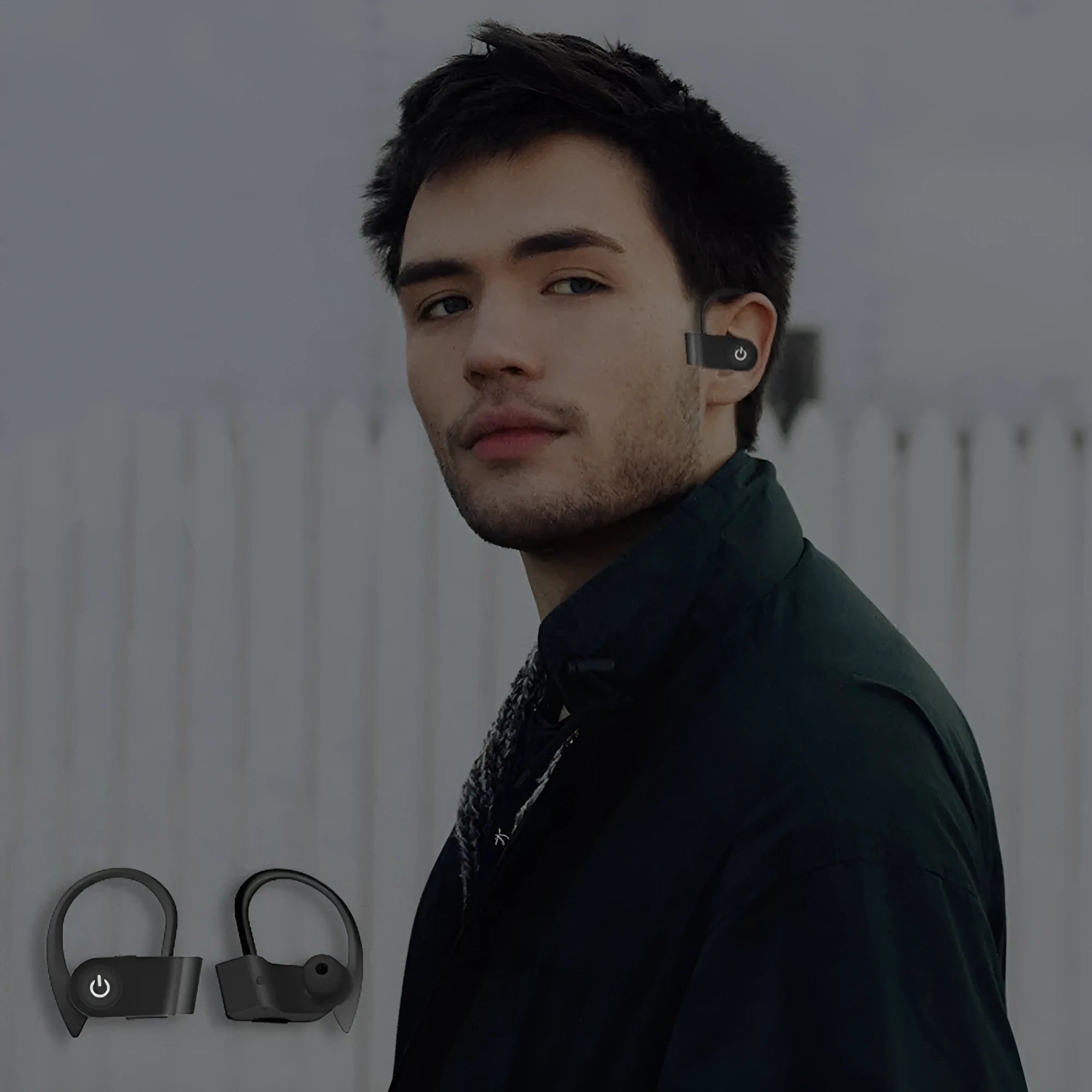 Black wireless Bluetooth earphone with ergonomic design showing LED indicator and button controls