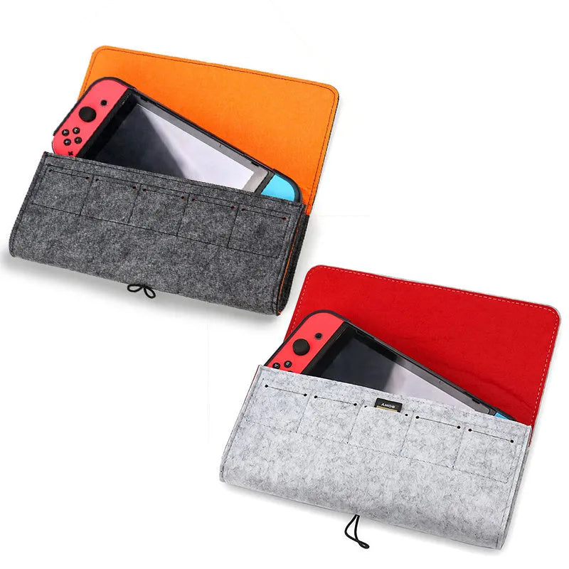Black felt Nintendo Switch pouch with game card slots and double storage compartments