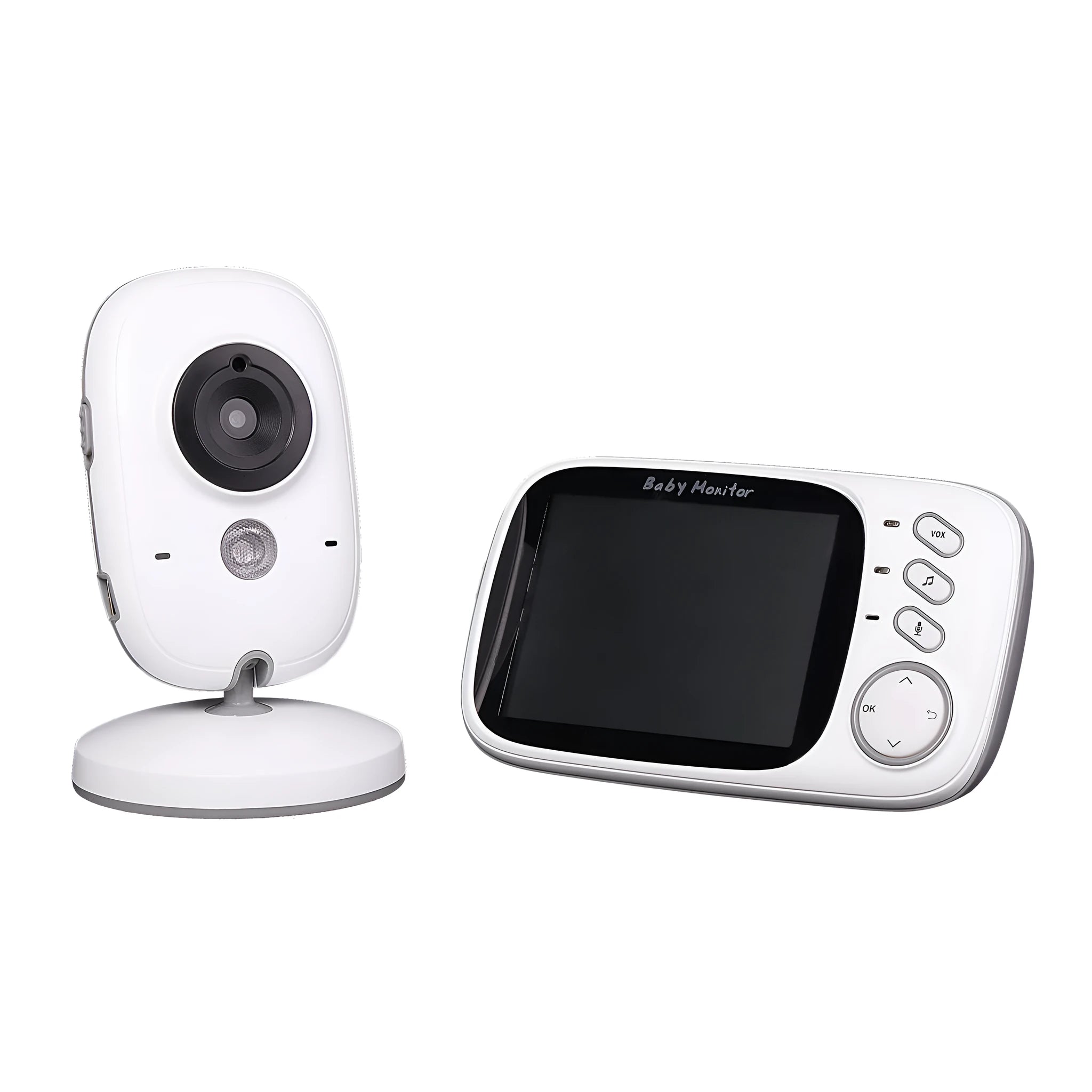 VB603 digital baby monitor showing parent unit with 3.2-inch colour LCD screen and separate camera unit.