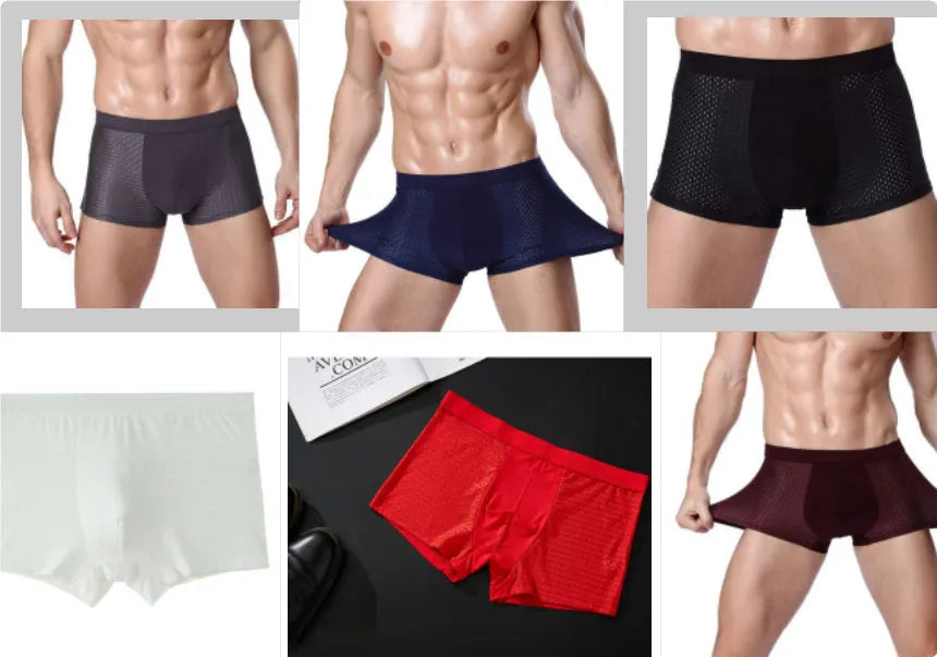 Men's solid colour modal boxer briefs with U convex design on a mannequin, showing mid-waist fit.