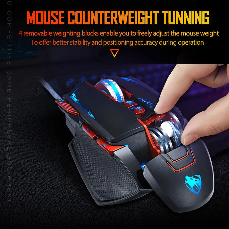 Thunder Wolf V9 black wired gaming mouse with six buttons and USB cable on a mouse mat