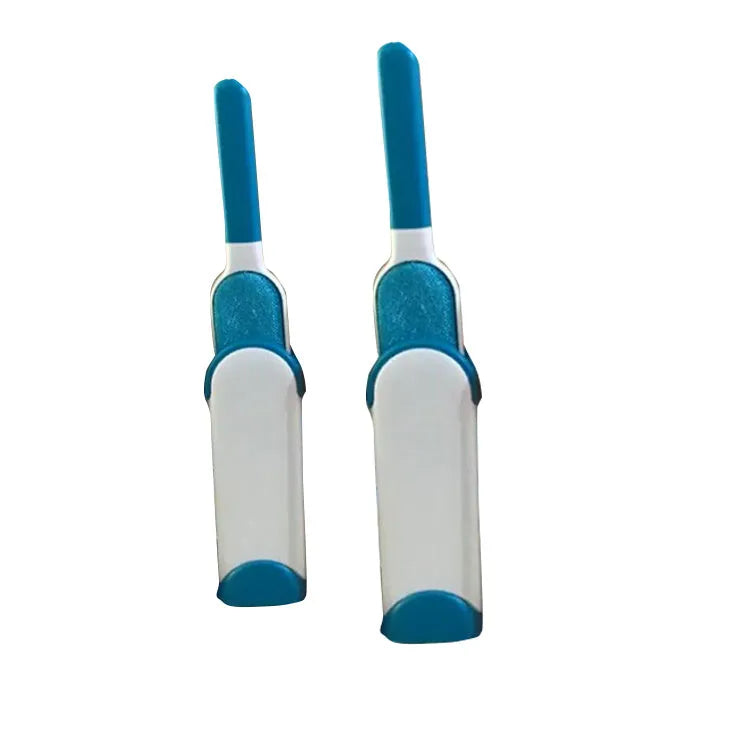 Blue reusable pet hair removal comb with double-sided flannel brush and self-cleaning base for sofas.