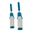 Blue reusable pet hair removal comb with double-sided flannel brush and self-cleaning base for sofas.