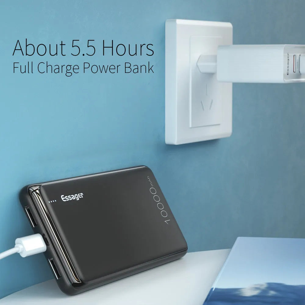 Essager Small Jane black and white 10000mAh portable power bank with two USB ports