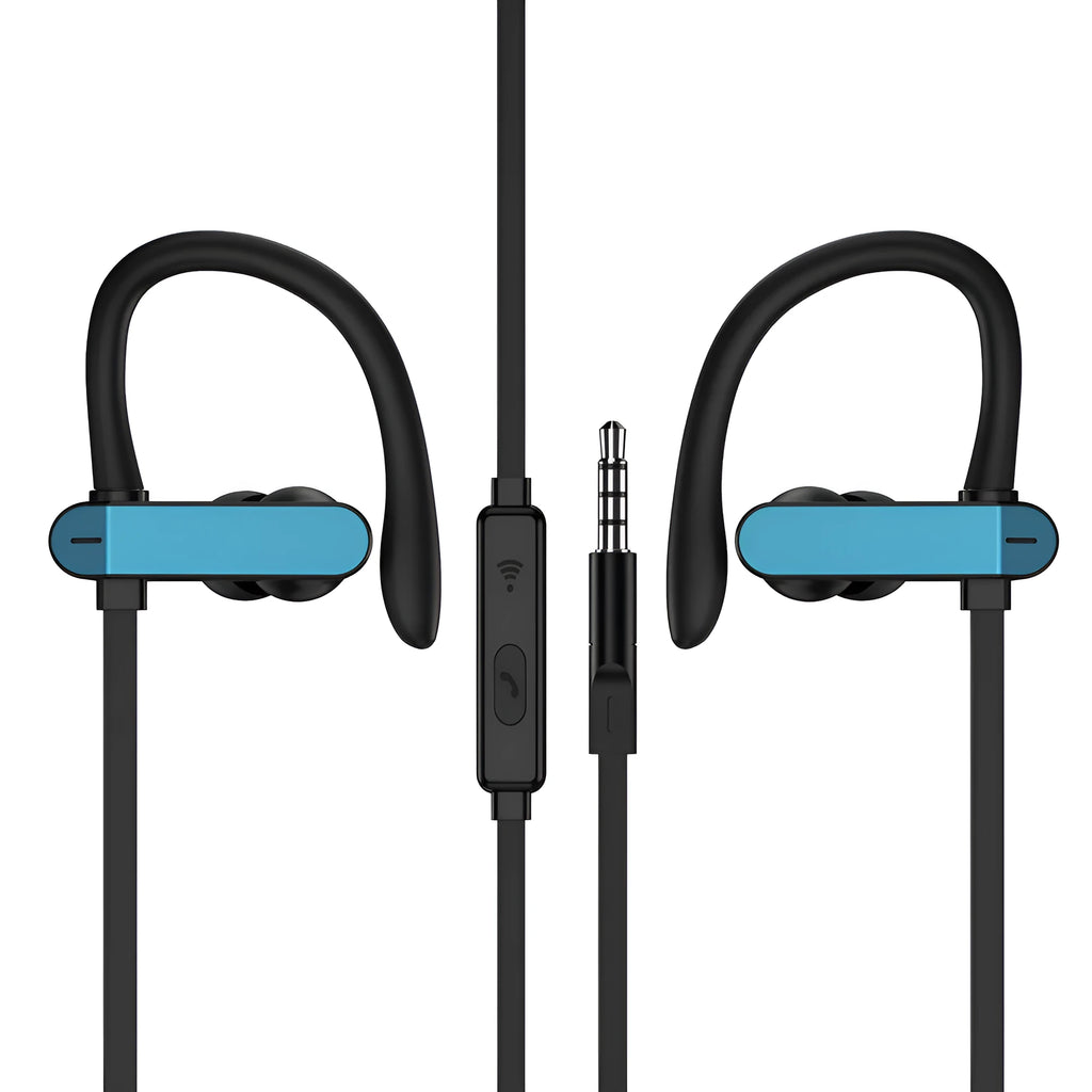 Sport ear hook earbuds with flexible hooks and gel silicone tips in black blue colour variant