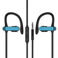 Sport ear hook earbuds with flexible hooks and gel silicone tips in black blue colour variant