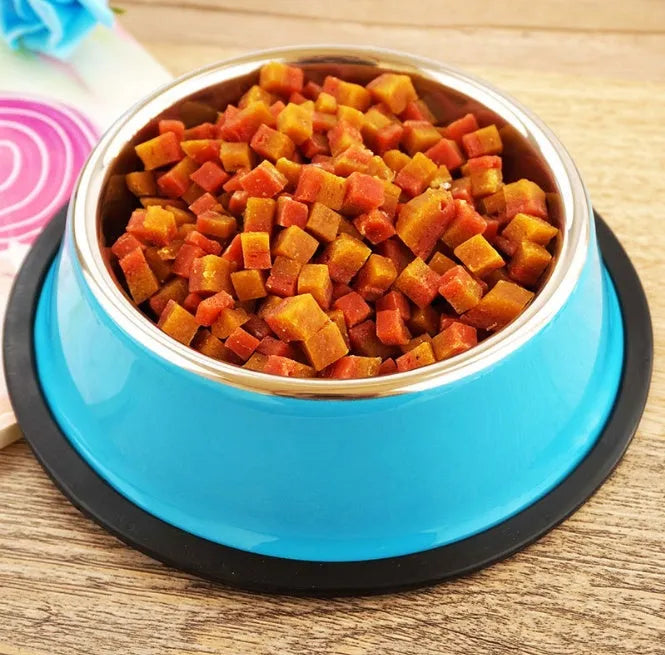 Stainless steel pet bowl inside colourful melamine pot with non-slip base