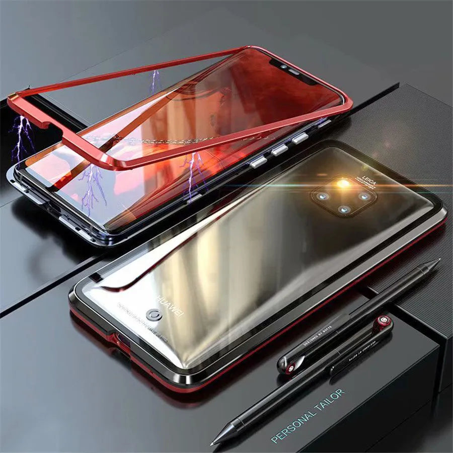 Black magnetic metal phone case with tempered glass back for Huawei P30 phone