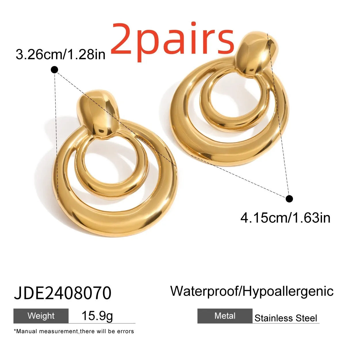 Round gold-coloured geometric hollow stud earrings on a white background.