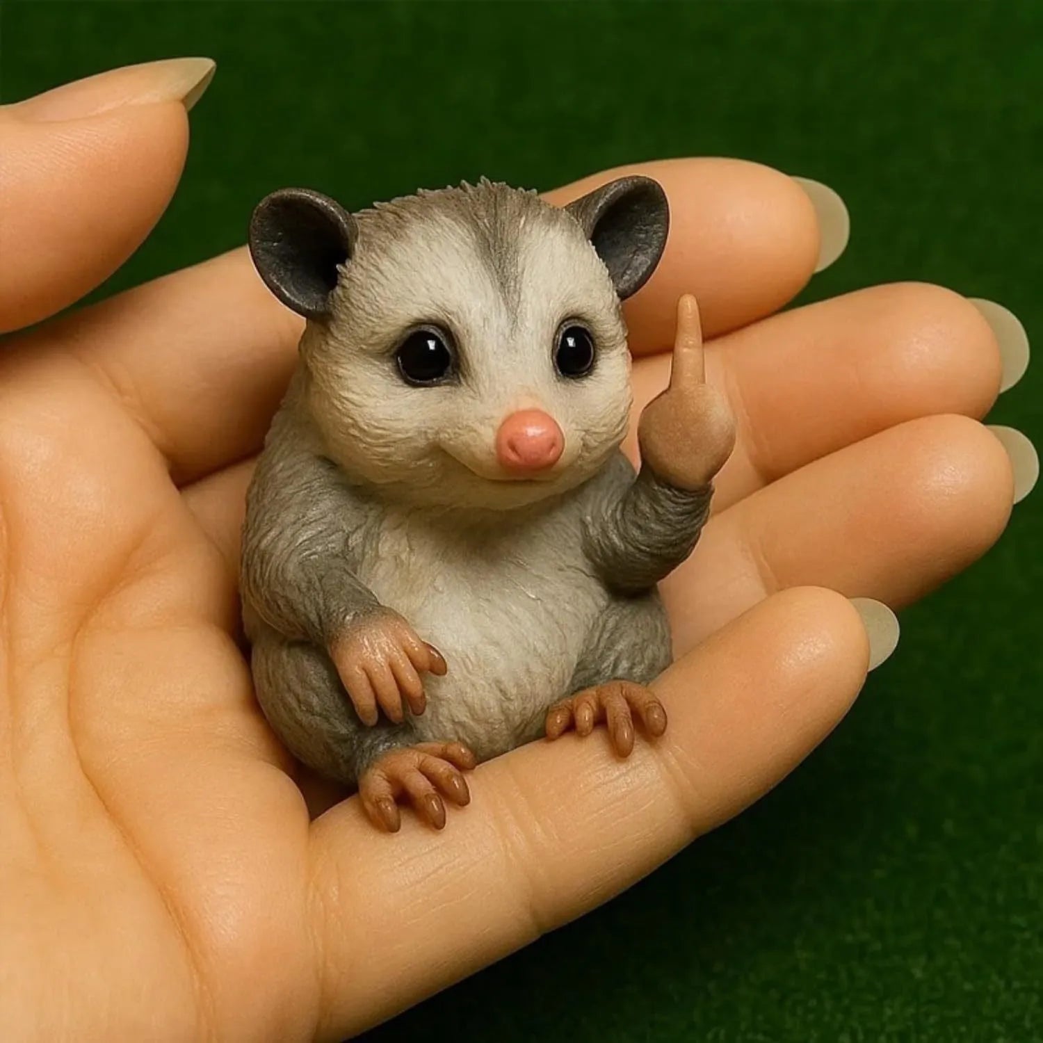 Mini resin animal middle finger ornament doll showing vertical gesture, available in seven animal styles