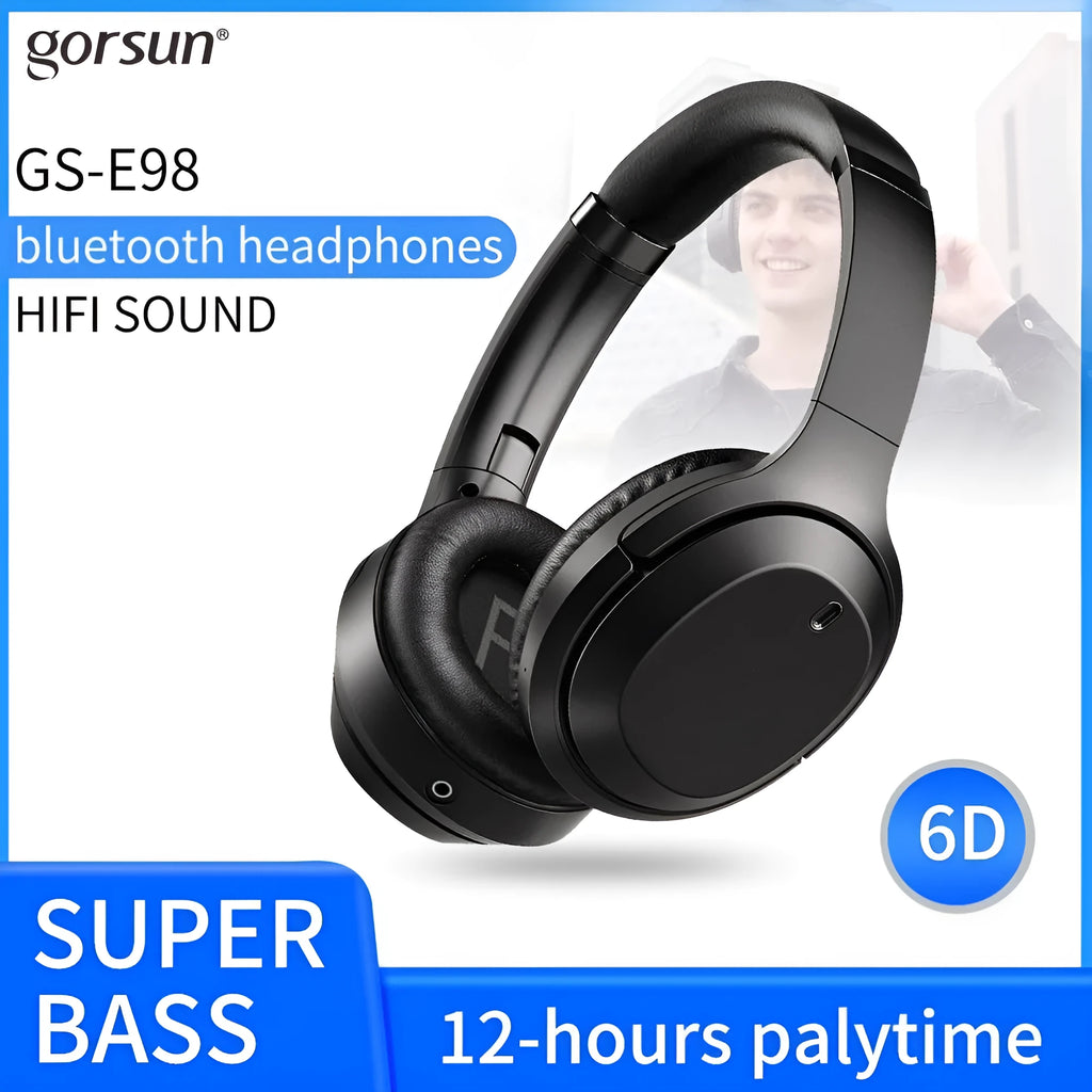 Black Gorsun E98 wireless Bluetooth over-ear headphones with adjustable headband and memory-protein ear cushions