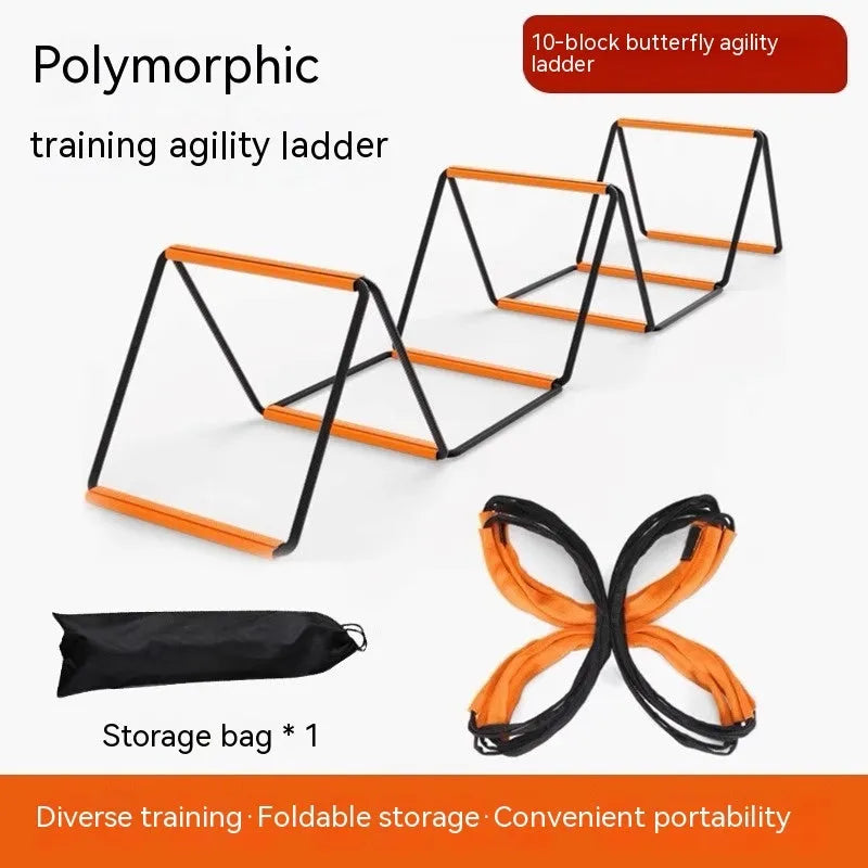 Plastic children's butterfly agility ladder and jump grid fitness equipment set on grass.