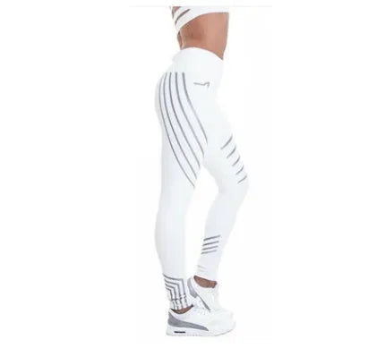 Women's black and white milk silk fitness leggings with glowing print patterns, slim fit full-length design.