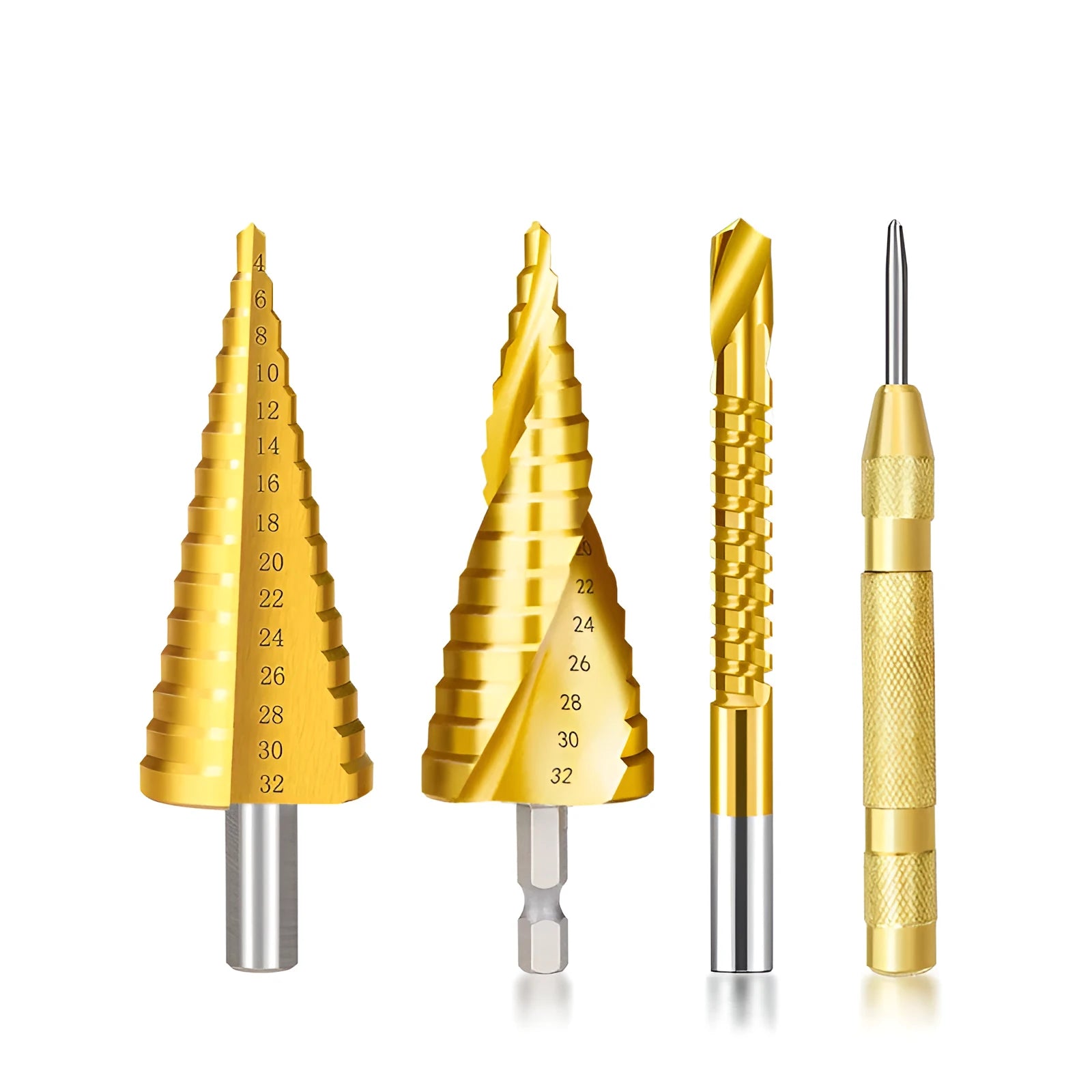High speed steel step drill bits and centre punch set for metal drilling