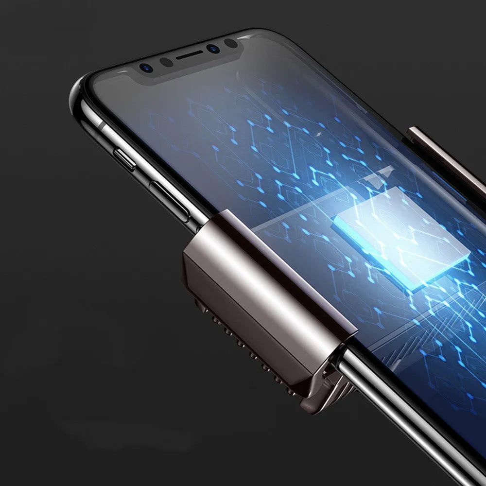 Black mobile phone cooling fan with clip attached to a smartphone, showing aluminium alloy heatsink fins.