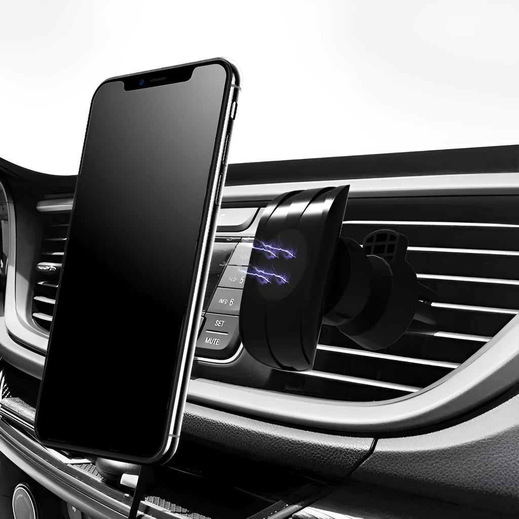 Glossy black car phone holder mounted on vehicle air vent holding smartphone