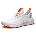 Men's fly woven casual sneakers in orange with flat heel and round toe design