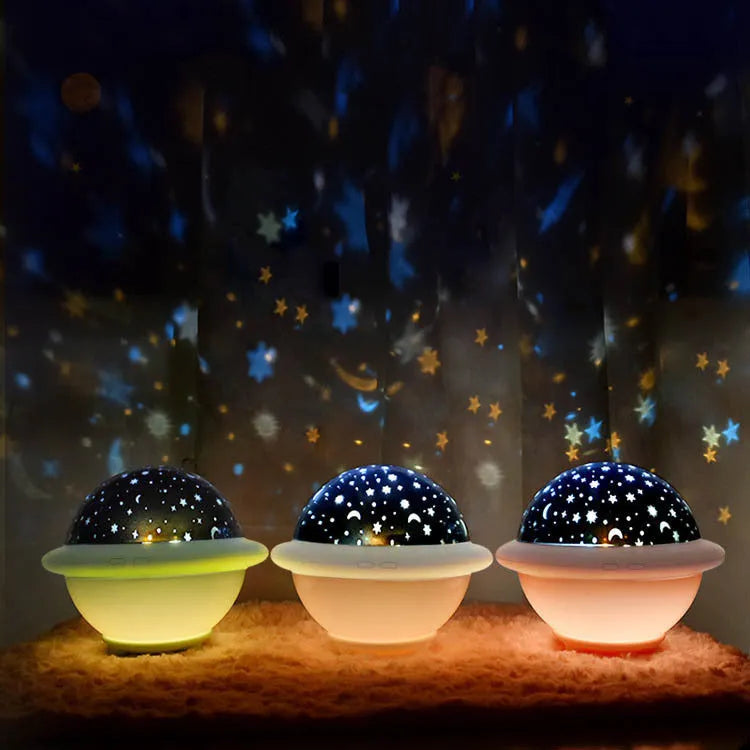 UFO-shaped LED projection night light in white with starry sky projection effect