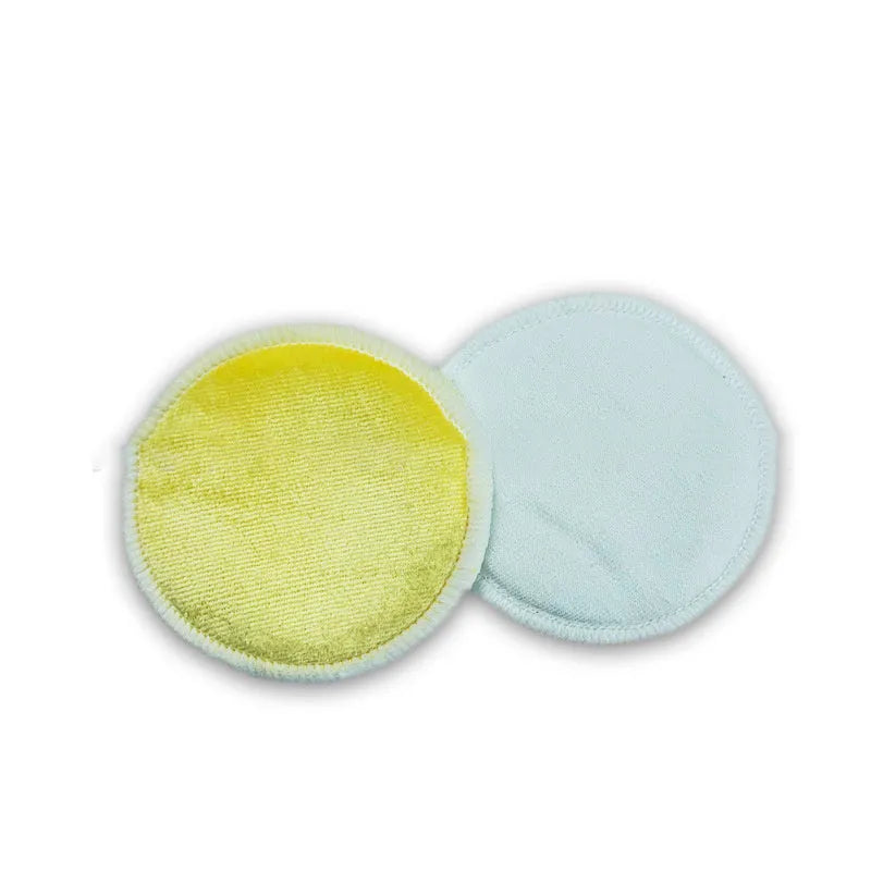 Set of velvet makeup remover pads in red and blue colours with cotton mesh storage bag