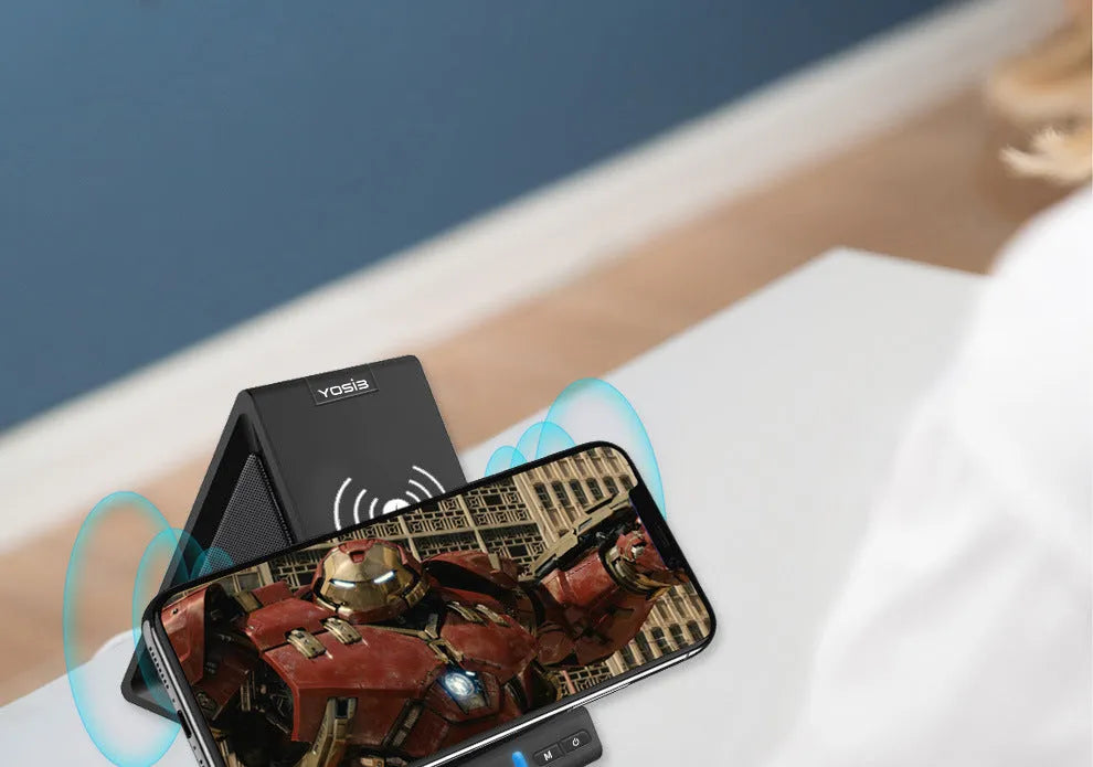 Black multifunctional Bluetooth speaker with integrated phone stand and 2000mAh power bank