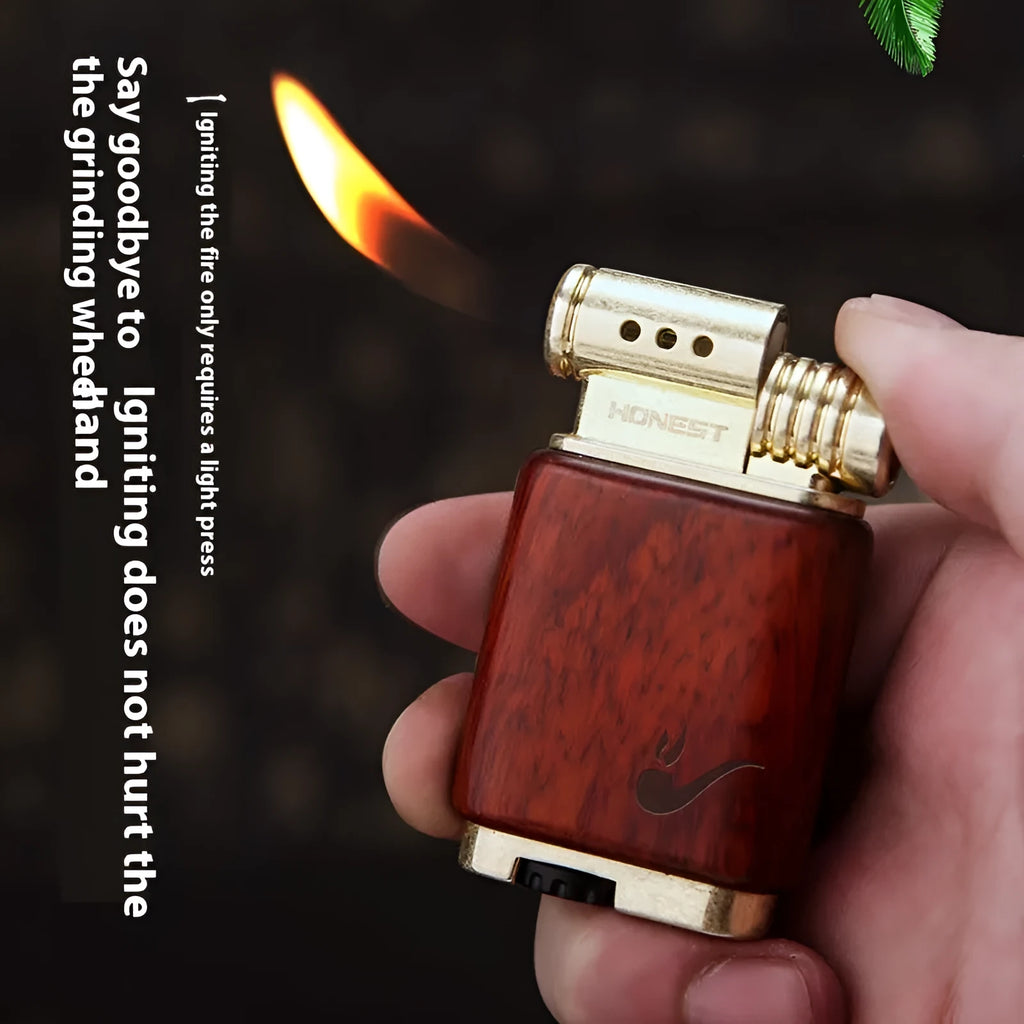 Decorative gas lighter with wood finish options including black wood, rosewood, and red wood styles