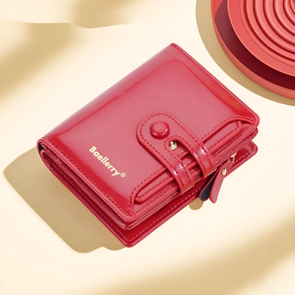 Women's PU leather card holder wallet shown in available colours: black, white, blue, red, green, brown, pink, orange.