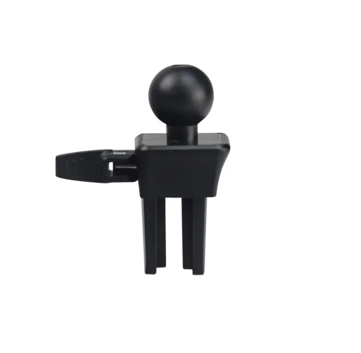 Black plastic universal mobile phone holder attached to a car air vent.