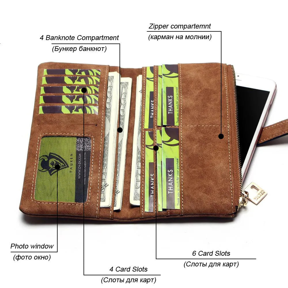 Korean retro matte Pu leather long wallet open showing card slots, note compartment and zip pocket