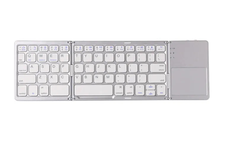 Black tri-fold folding Bluetooth keyboard with touchpad, shown both folded and unfolded.