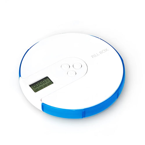 Seven-compartment alarm clock pill dispenser showing medication storage and electronic display