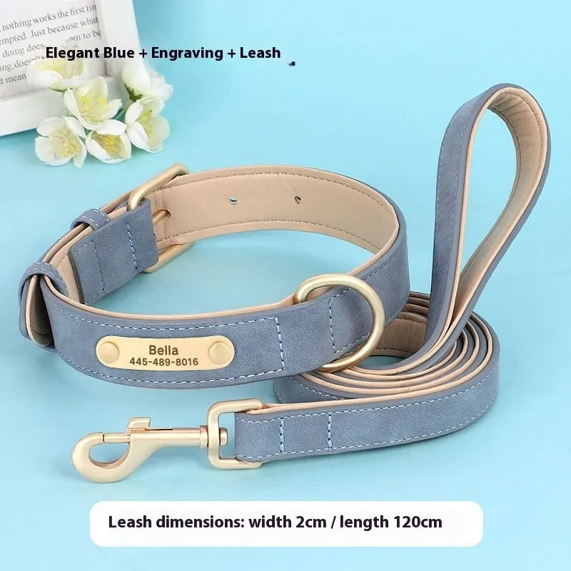 Rose red double-layer leather dog collar with mohair lining and a matching traction rope on a table.