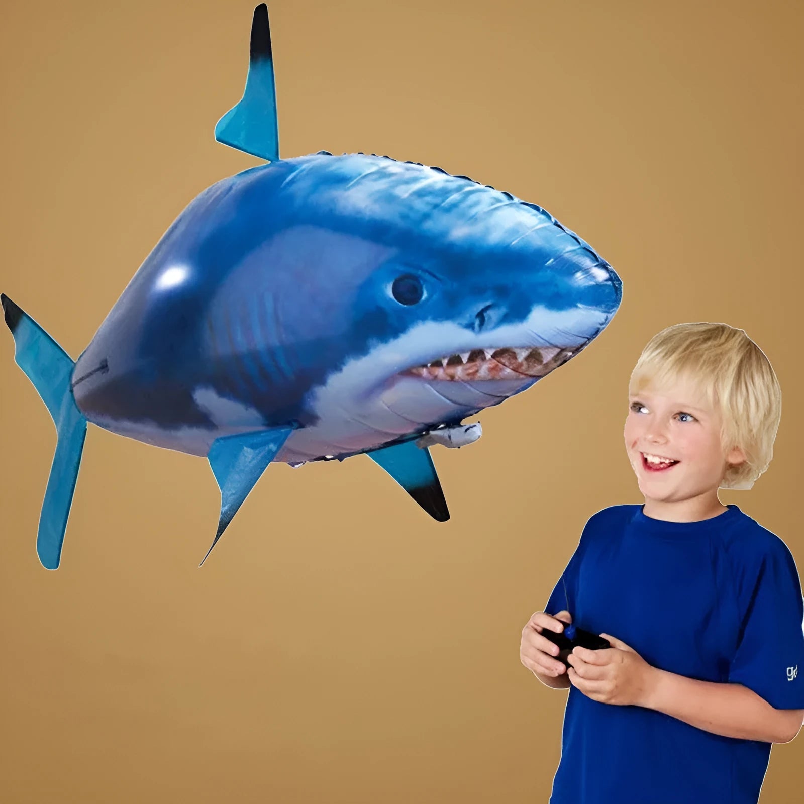 Large remote control Shark inflatable balloon toy flying indoors with side-swaying tail.