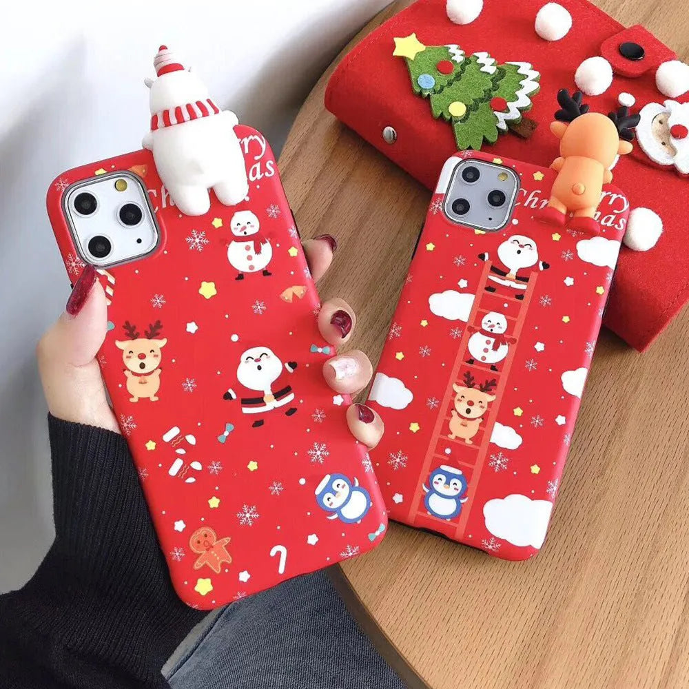 Christmas-themed silicone back cover case for iPhone on a red background.