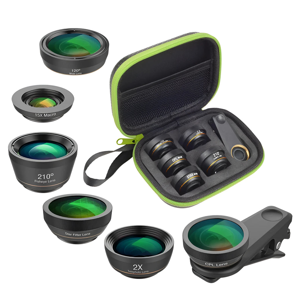 Black 6-in-1 smartphone camera lens kit with fisheye, wide-angle, telephoto, macro, CPL, and star filters on a universal clip.
