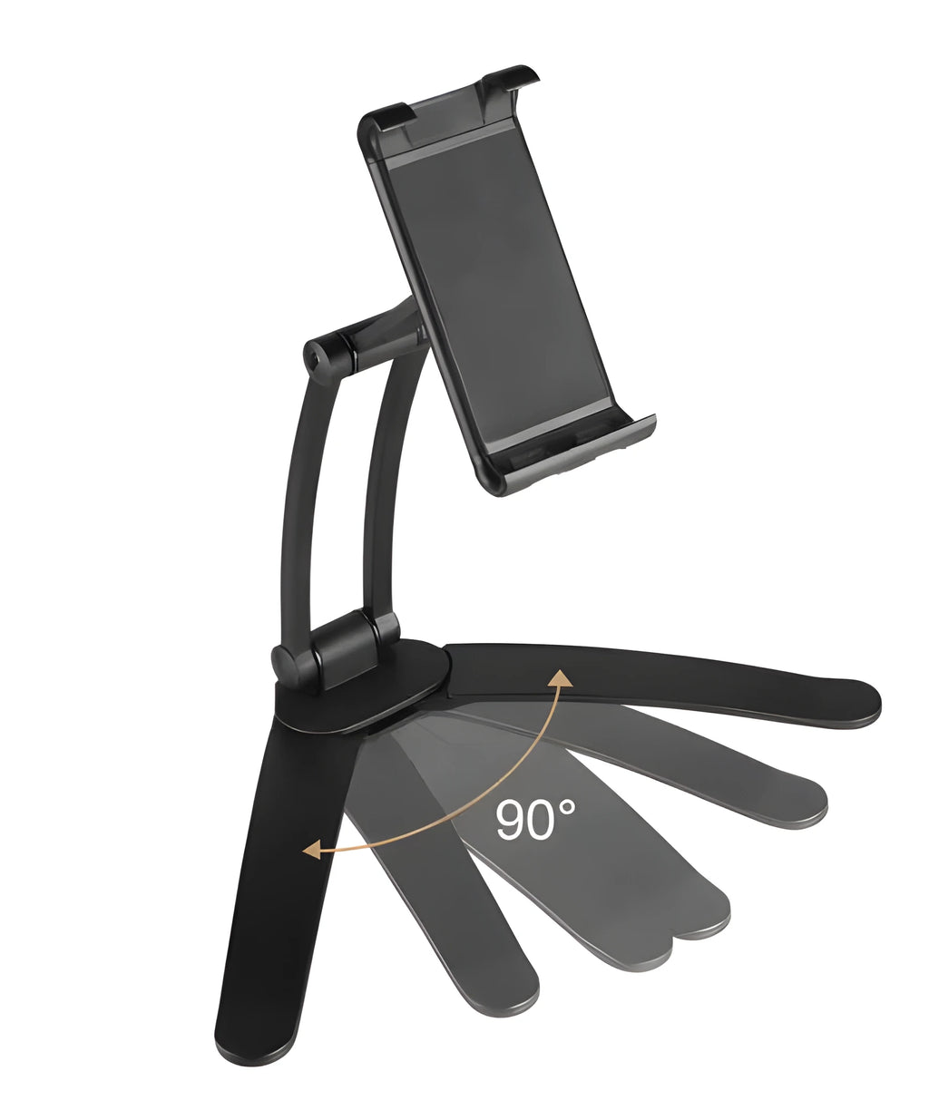 Silver aluminium alloy adjustable desktop stand holding a tablet, showing 360-degree rotation and mounting hardware.