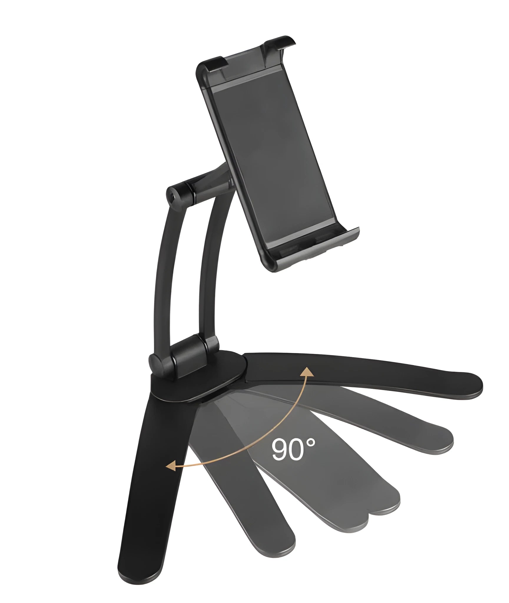 Silver aluminium alloy adjustable desktop stand holding a tablet, showing 360-degree rotation and mounting hardware.