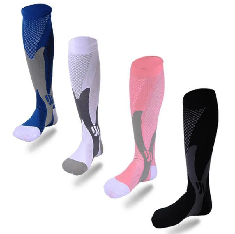 A pair of graduated compression socks in an athletic style, shown in a colour option like black or blue, laid flat to display their length and cuff.