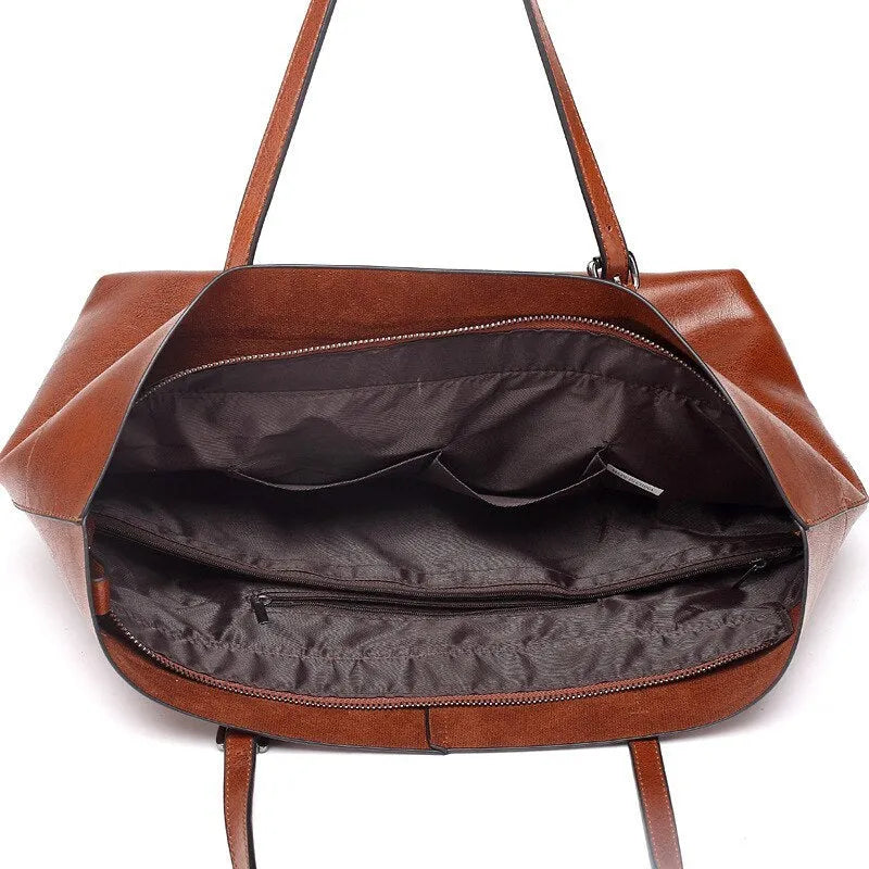 Casual wax cowhide leather ladies crossbody handbag shown in a choice of colours including black, brown, and rose red.