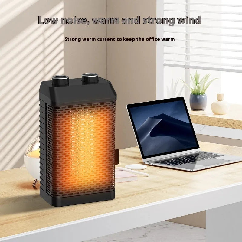 Black compact desktop smart heater with remote control and shaking head feature for small room warming