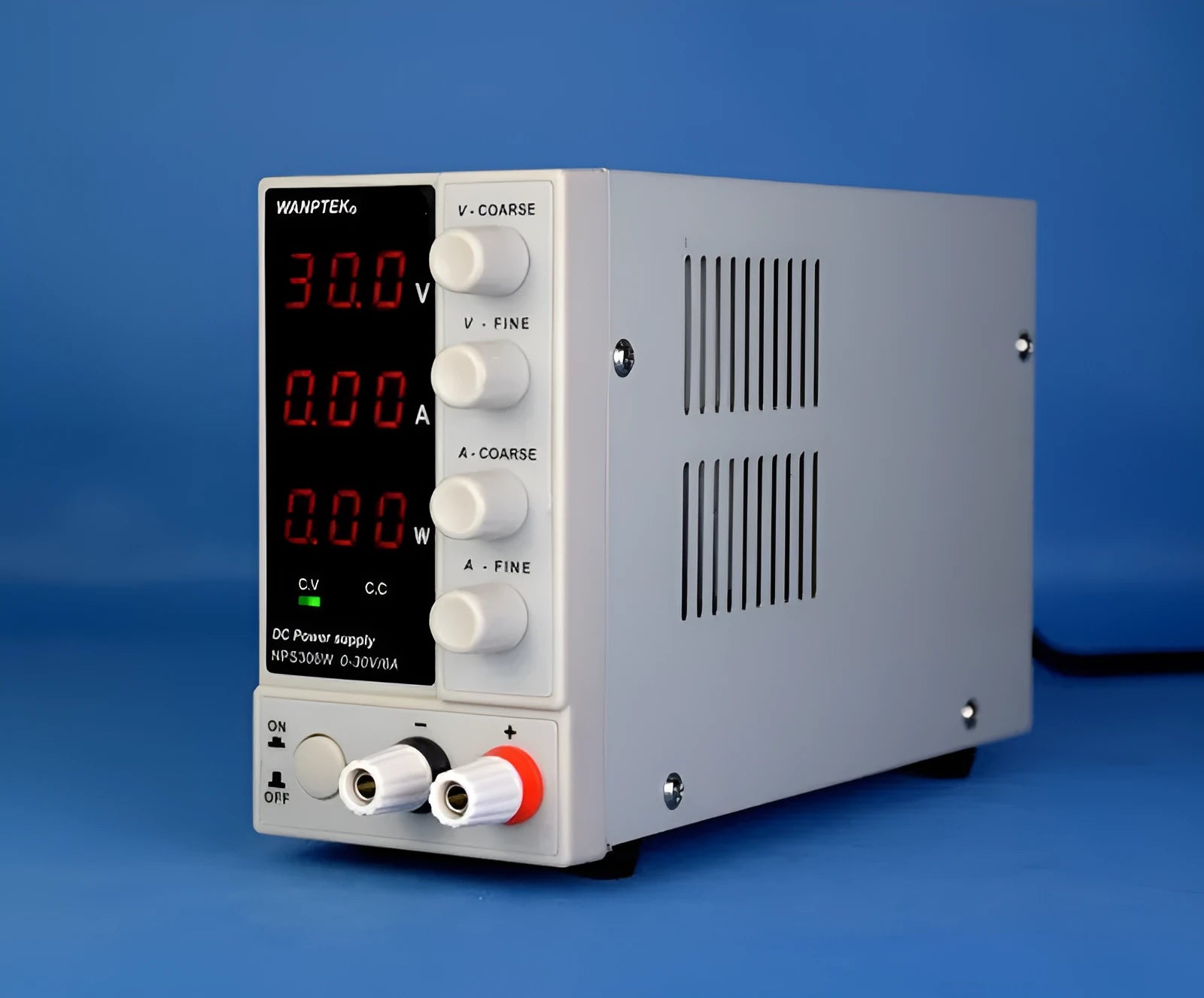 White bench power supply unit with digital display for electronics testing and mobile phone repair