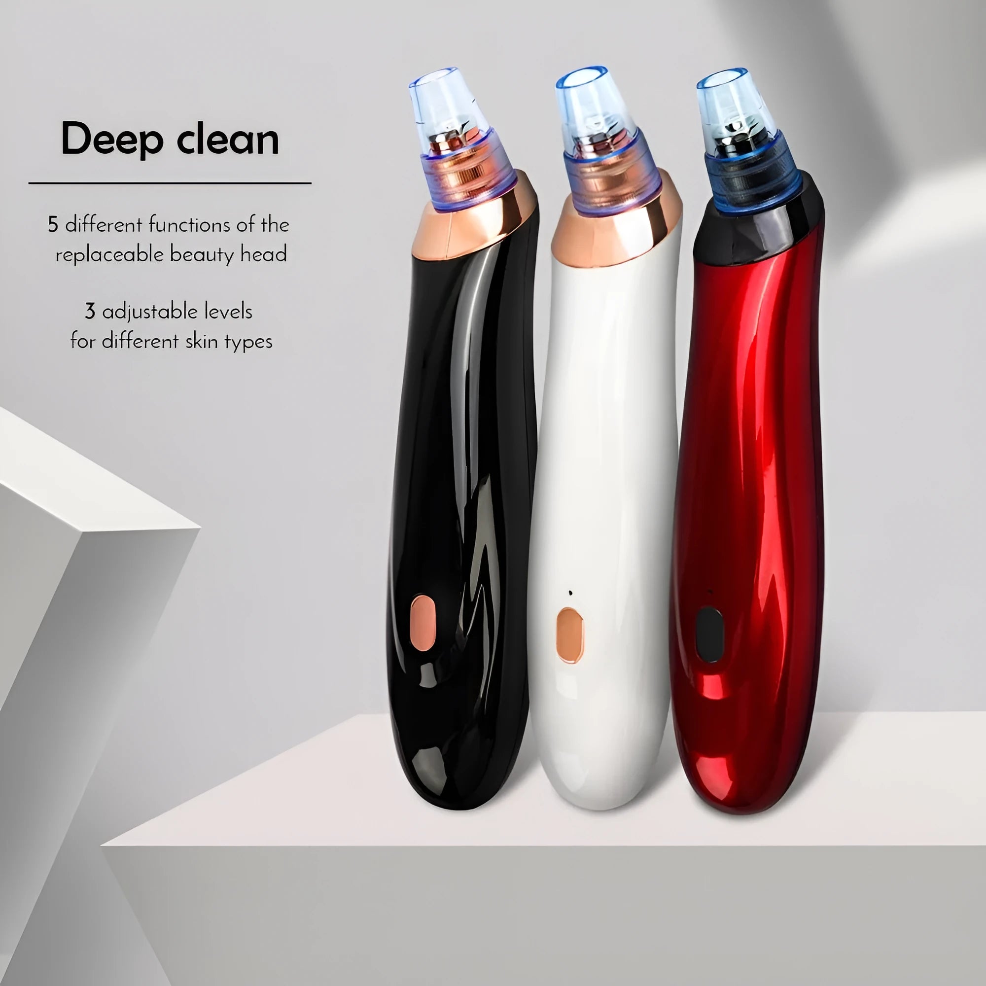 Electric blackhead remover vacuum pore cleaner with black nozzle, compact 18 cm handheld device