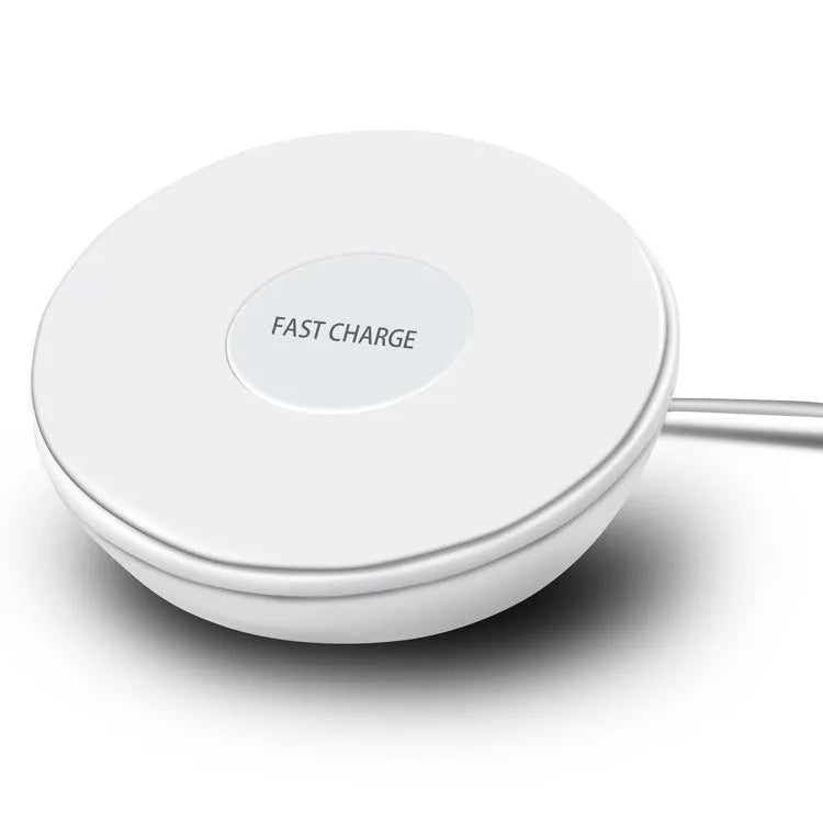 White wireless phone charger with digital clock display, three control buttons, and LED night light